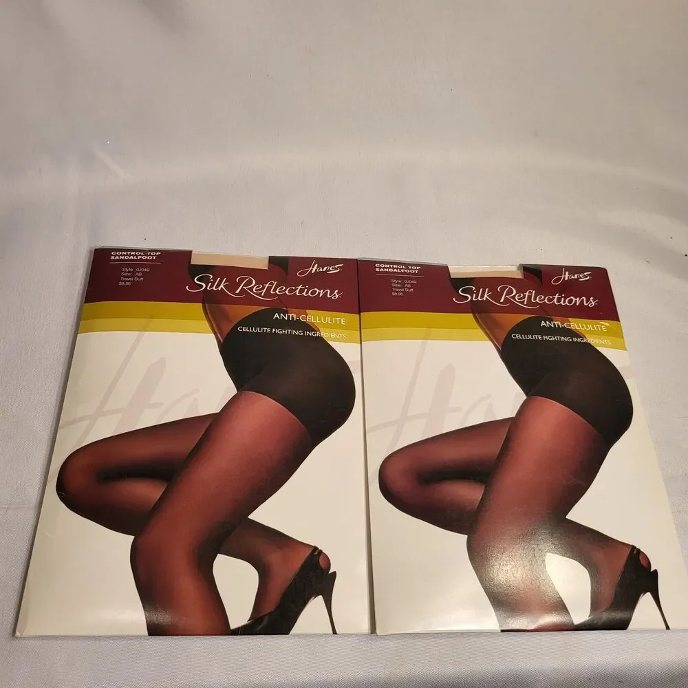 2 Pantyhose Hanes Silk Reflection Control Top ANTI CELLULITE SIZE AB TRAVEL BUFF